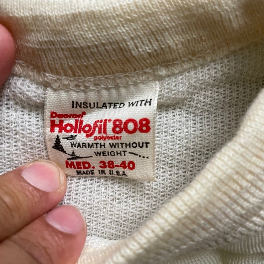 Vintage Quilted Insulated Thermal Sweatshirt Mens Medium Cream 80s Hollofil 808 - Picture 3 of 9